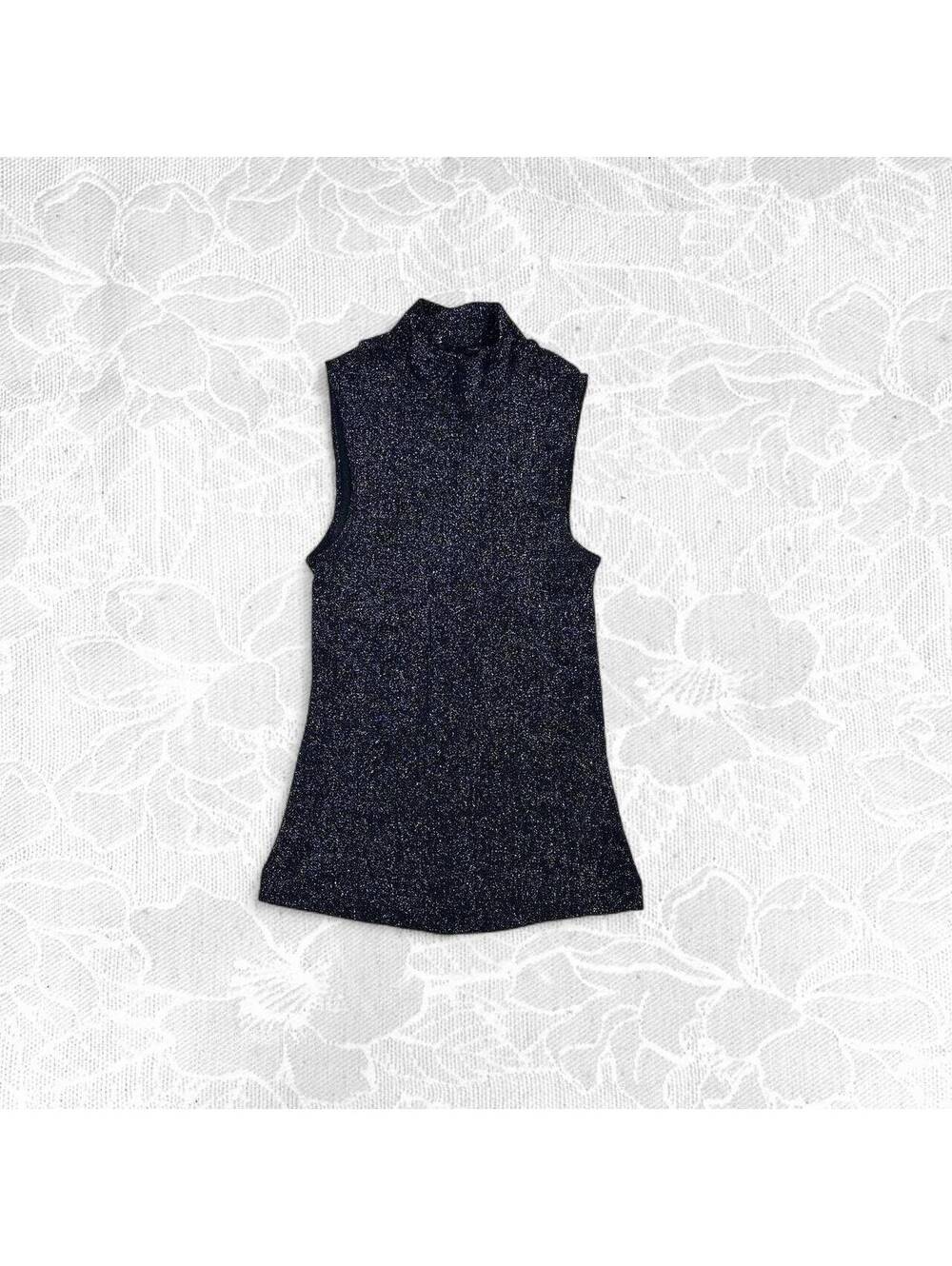 Guess Vintage Y2K Sleeveless Black and Silver Metallic Knit Mock-Neck Top